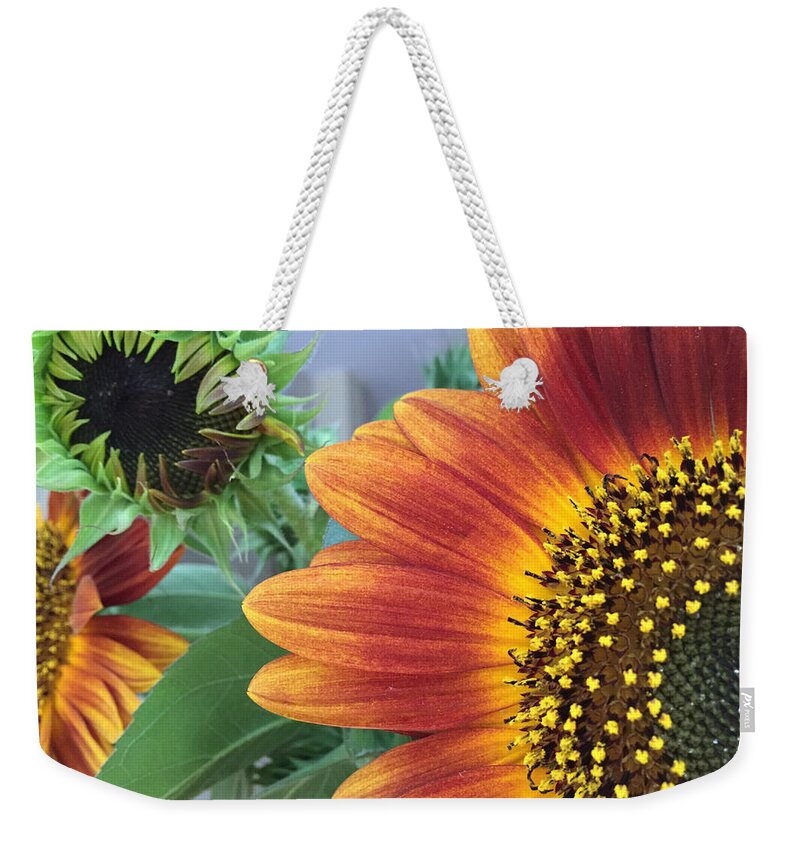 Sunflower Weekender Tote Bag featuring the photograph The Magic Sunflower Pollen by Dorothy Maier