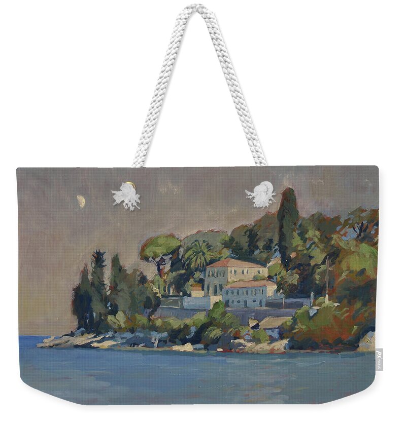 Olive Weekender Tote Bag featuring the painting The Manor House Paxos by Nop Briex