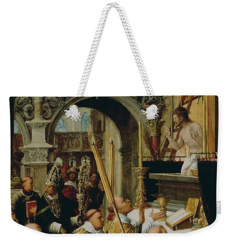 16th Century Art Weekender Tote Bag featuring the painting The Mass of Saint Gregory the Great by Adriaen Isenbrandt
