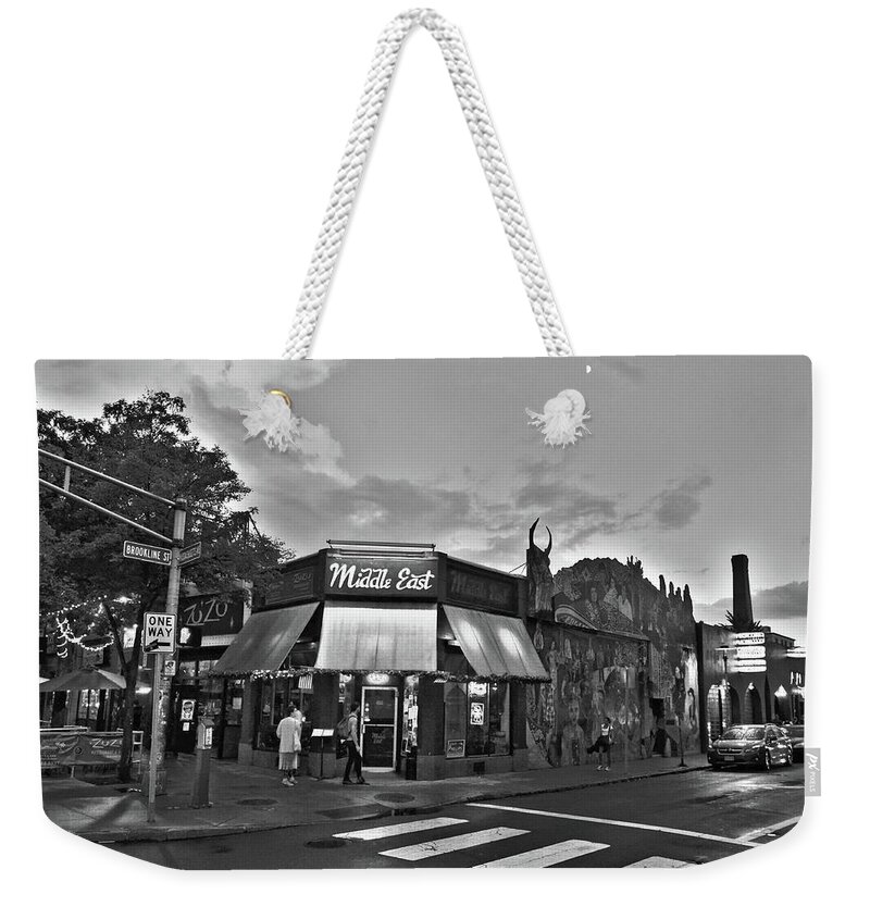 Middle East Weekender Tote Bag featuring the photograph The MIddle East in Central Square Cambridge MA Black and White by Toby McGuire