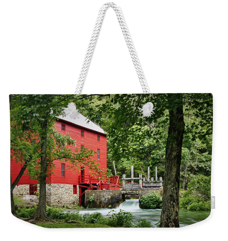 Spring Weekender Tote Bag featuring the photograph The Mill at Alley Spring by Cricket Hackmann