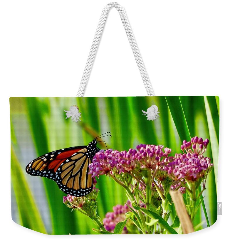 Monarch Weekender Tote Bag featuring the photograph The Monarch Visits the Peasants by Shawn M Greener