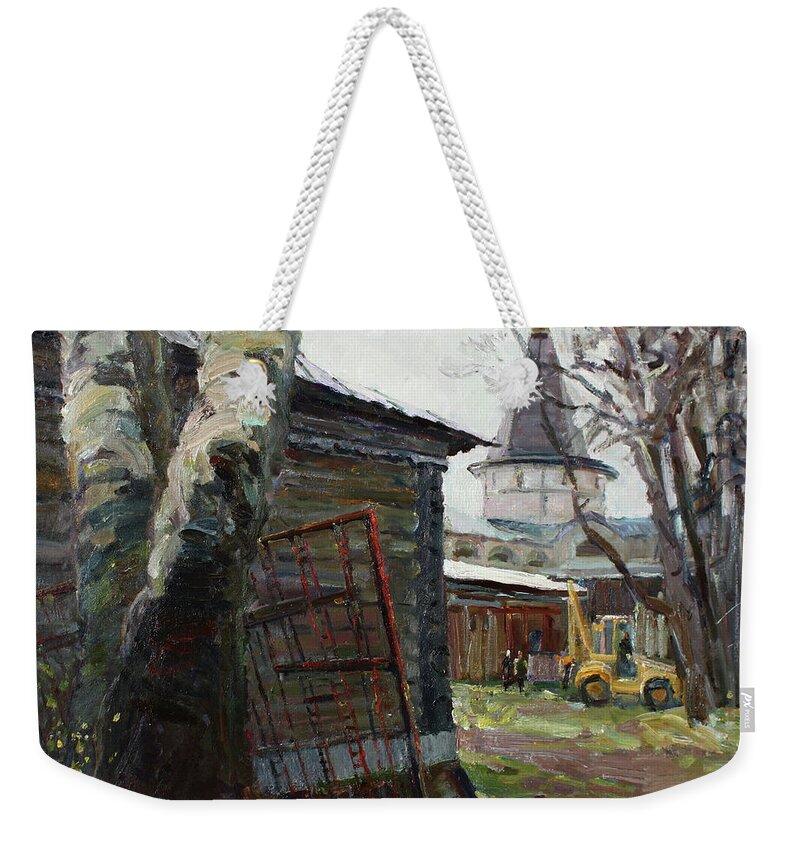 Monastery Weekender Tote Bag featuring the painting The monastery yard by Juliya Zhukova