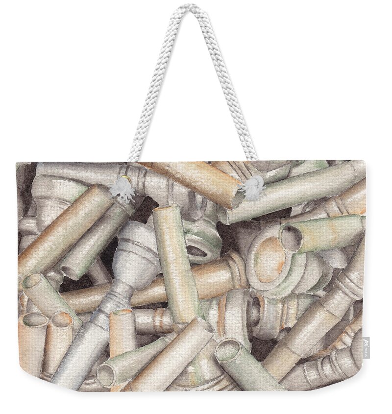 Brass Weekender Tote Bag featuring the painting The Mouthpiece Jumble Experiment by Ken Powers