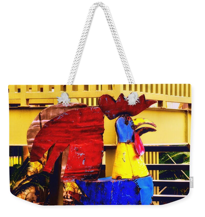 Rooster Weekender Tote Bag featuring the photograph The Multi-Colored Rooster by Frances Ann Hattier