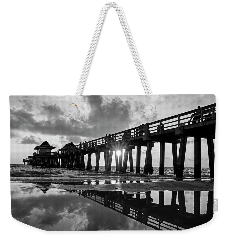 Naples Weekender Tote Bag featuring the photograph Naples pier at sunset Naples Florida Black and White by Toby McGuire
