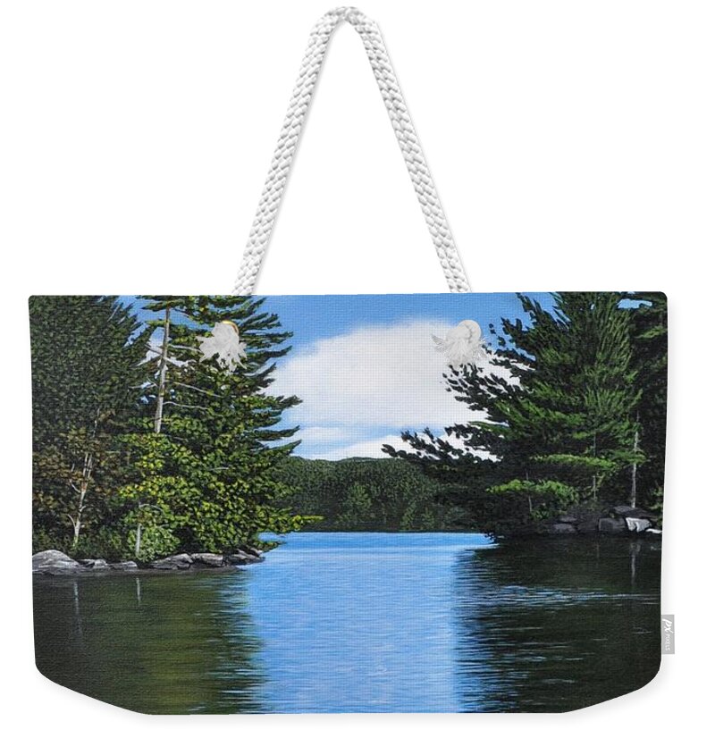 Landscapes Weekender Tote Bag featuring the painting The Narrows of Muskoka by Kenneth M Kirsch