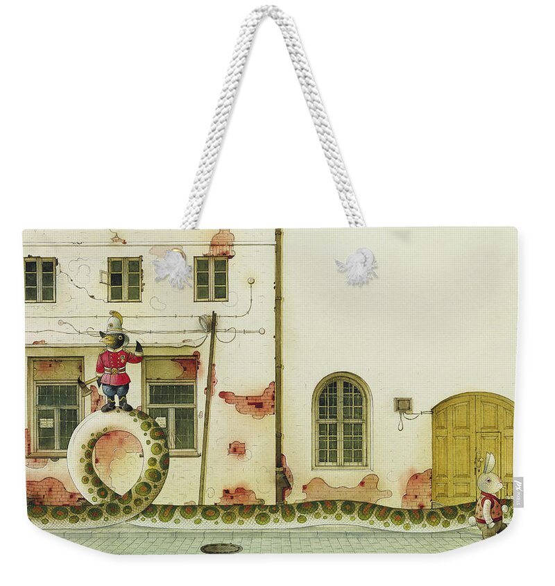 Snake Raven Rabbit Illustration Children Book Fairy Tale Street House Windows Weekender Tote Bag featuring the drawing The Neighbor around the corner03 by Kestutis Kasparavicius