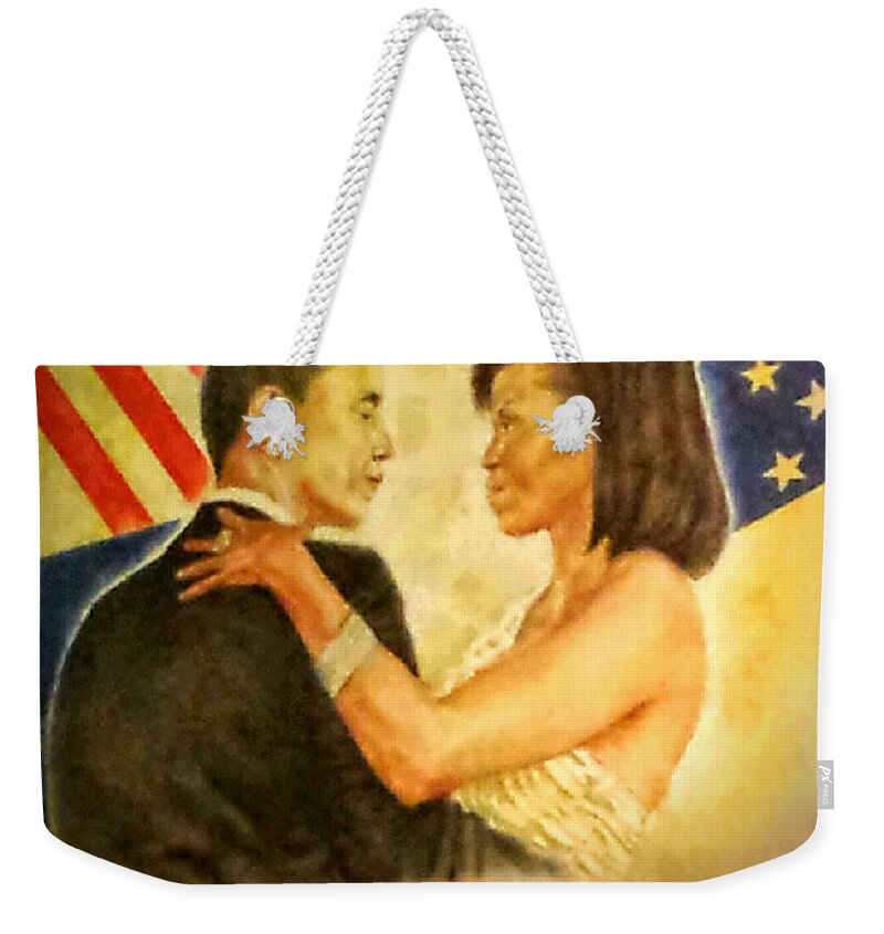 President Weekender Tote Bag featuring the painting Barack and Michelle by G Cuffia