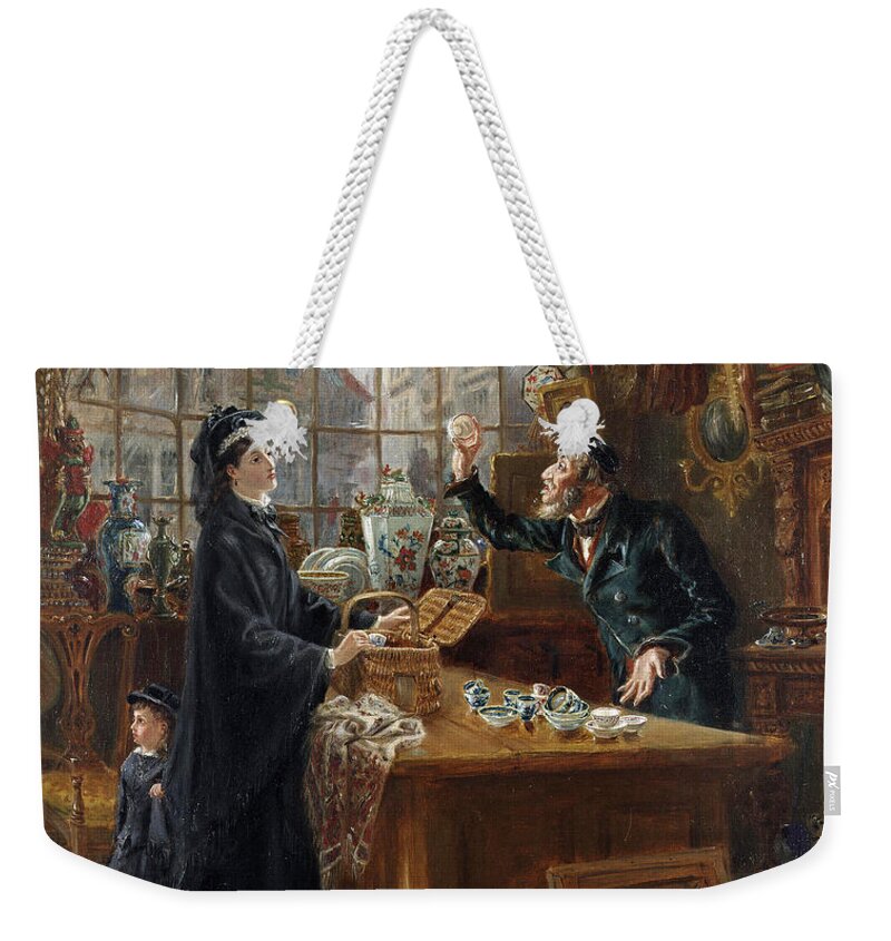Ralph Hedley Weekender Tote Bag featuring the painting The Old China Shop by Ralph Hedley