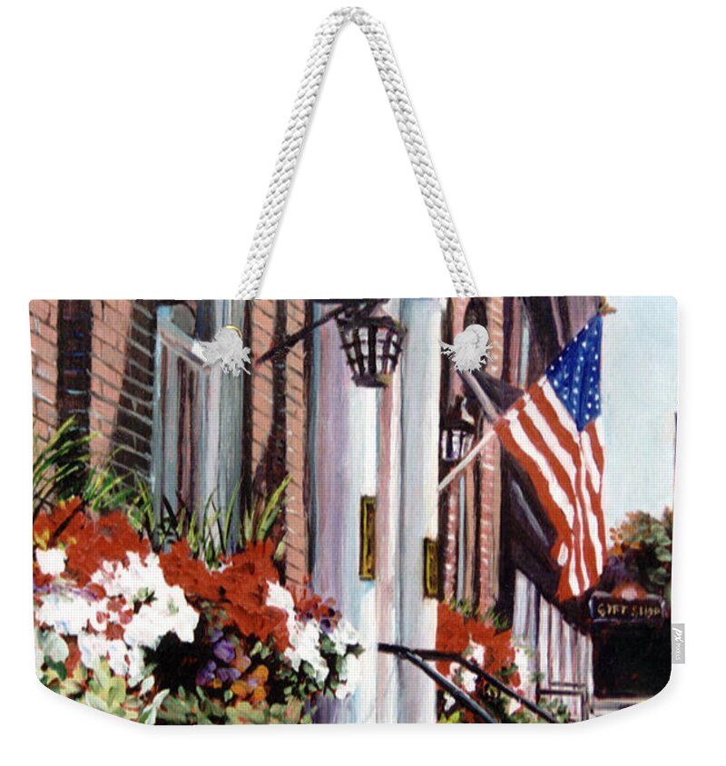 Historic Town Weekender Tote Bag featuring the painting The Old Clock by Marie Witte