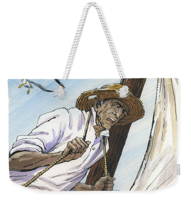 Ernest Hemingway Weekender Tote Bag featuring the painting The Old Man and the Sea. Novel Illustration by Igor Sakurov