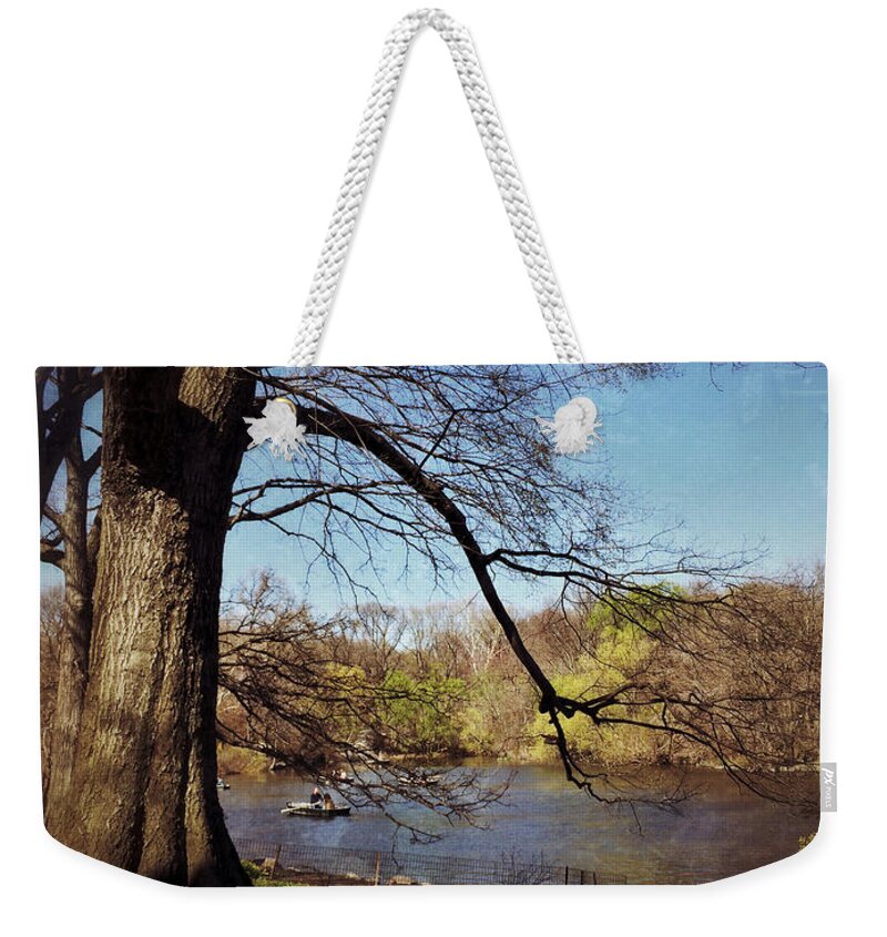 The Venerable Master Of The Forest Waits Weekender Tote Bag featuring the photograph The Old Tree - Central Park Lake in Spring by Miriam Danar