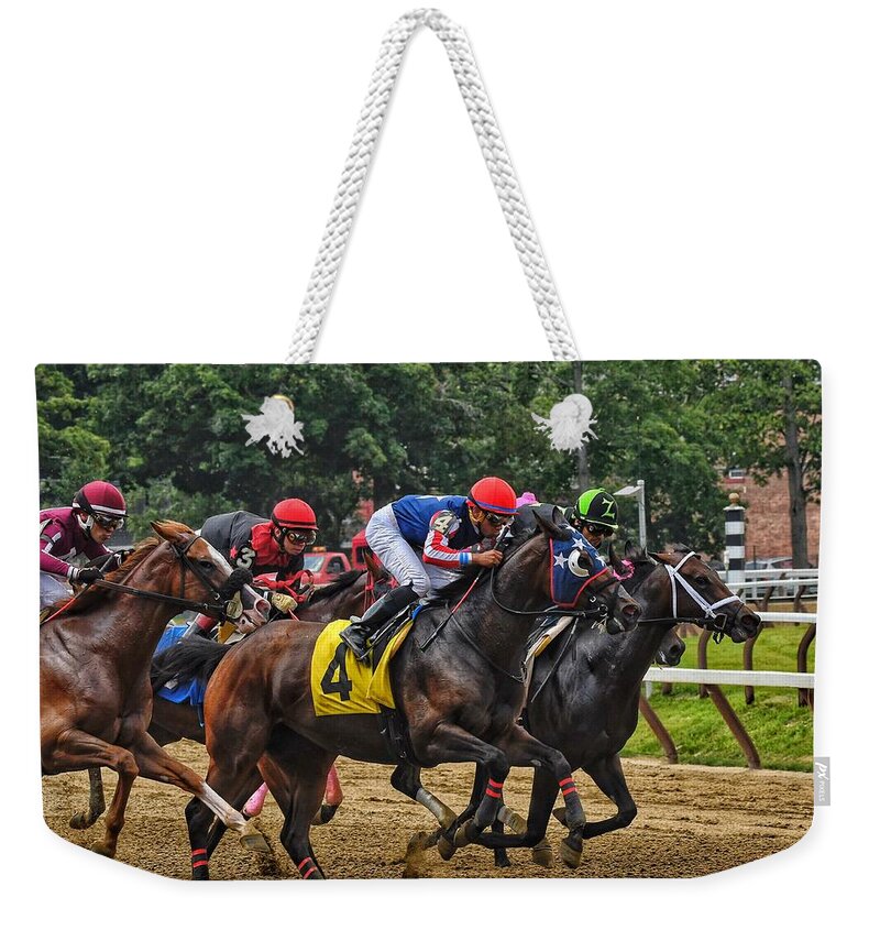 Race Horses Weekender Tote Bag featuring the photograph The Pack by Jeffrey Perkins