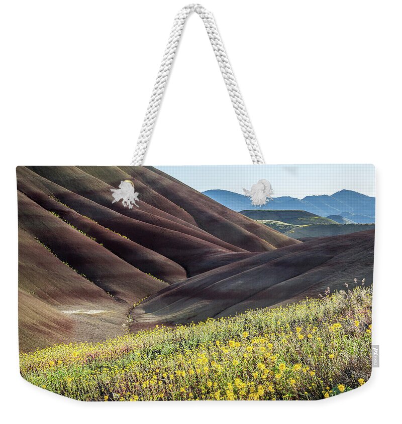 Thepaintedhills Weekender Tote Bag featuring the photograph The Painted Hills in Bloom by Tim Newton