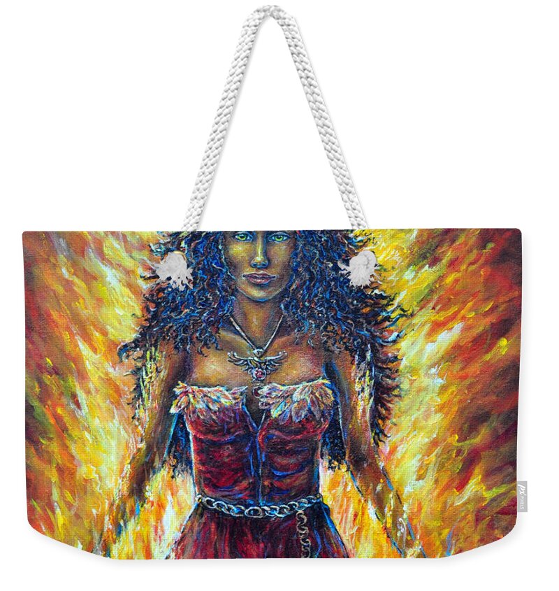 Fantasy Figurative Female Phoenix Fire Red Yellow Strength Passion Weekender Tote Bag featuring the painting The Phoenix by Gail Butler
