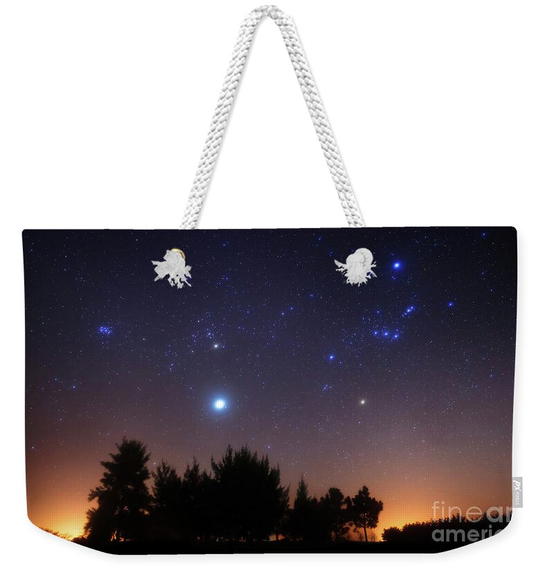 Horizontal Weekender Tote Bag featuring the photograph The Pleiades, Taurus And Orion by Luis Argerich