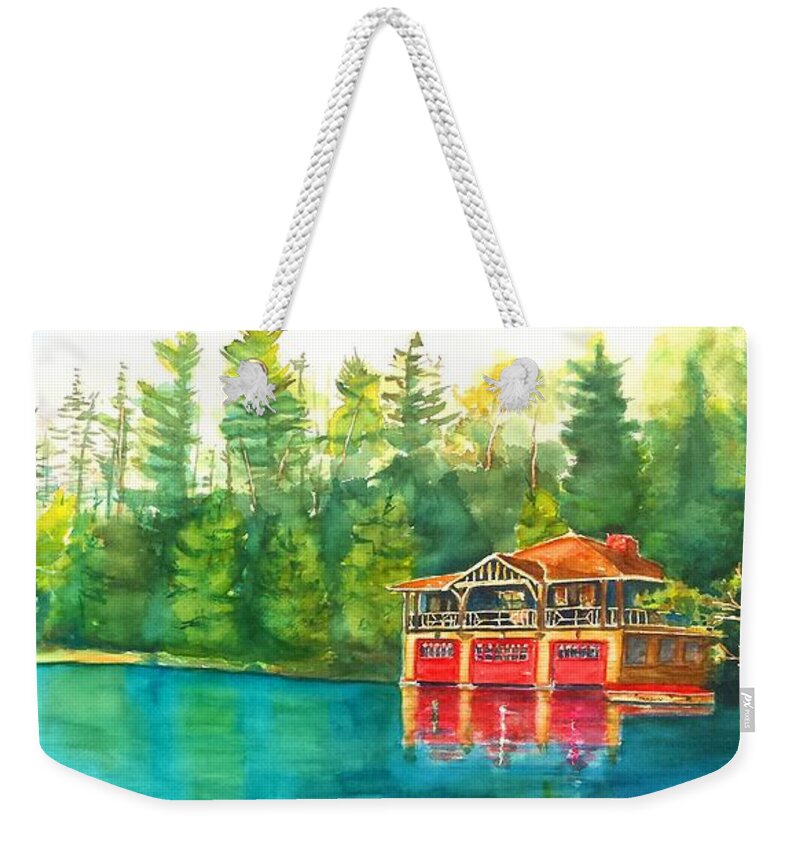Lake Weekender Tote Bag featuring the painting The Point Resort Boathouse Saranac Lake NY by Carlin Blahnik CarlinArtWatercolor