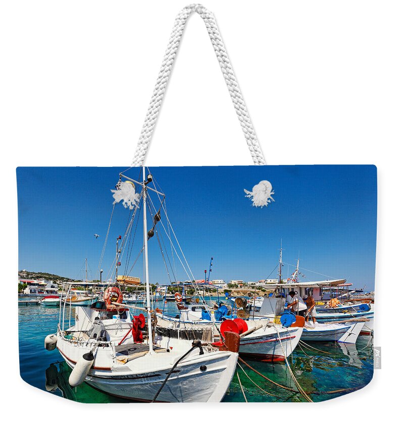 Fishermen Weekender Tote Bag featuring the photograph The port of Souvala in Aegina island - Greece by Constantinos Iliopoulos