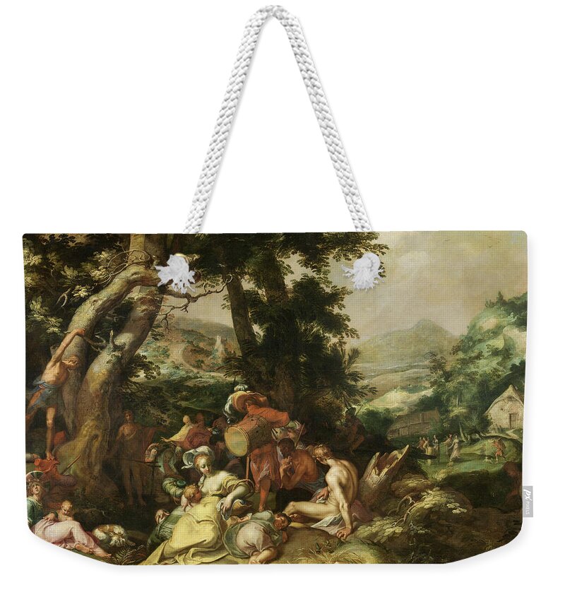 Abraham Bloemaert Weekender Tote Bag featuring the painting The Preaching of Saint John the Baptist by Abraham Bloemaert