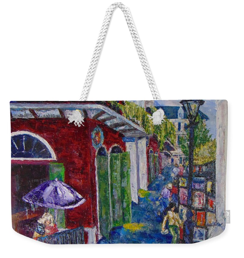 Cityscape Weekender Tote Bag featuring the painting The Purple Umbrella    Pirates Alley by Beverly Boulet