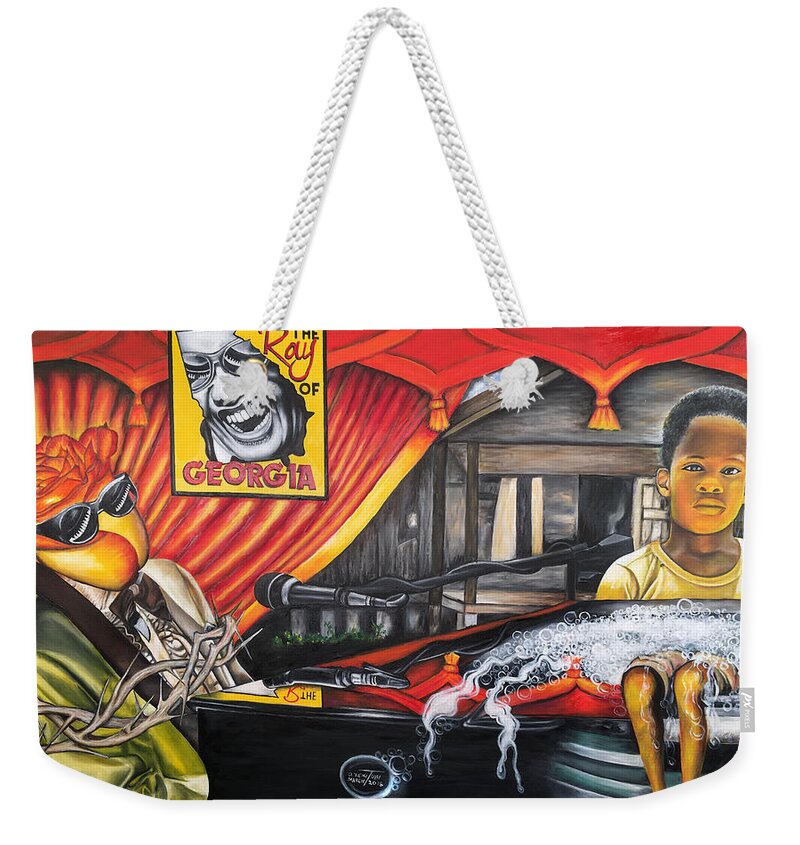 Addiction Weekender Tote Bag featuring the painting The Ray of Georgia Unchained My Hands by O Yemi Tubi