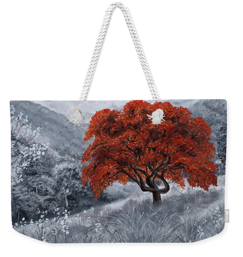 Grayscale Weekender Tote Bag featuring the painting The Red Tree by Stephen Krieger