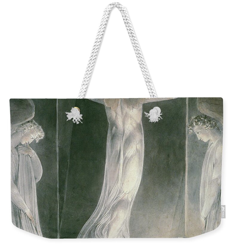 The Resurrection: The Angels Rolling Away The Stone From The Sepulchre By William Blake (1757-1827) Weekender Tote Bag featuring the drawing The Resurrection by William Blake