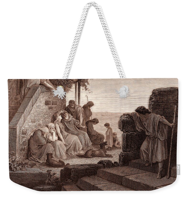 Prodigal Weekender Tote Bag featuring the drawing The Return of the Prodigal Son by Gustave Dore