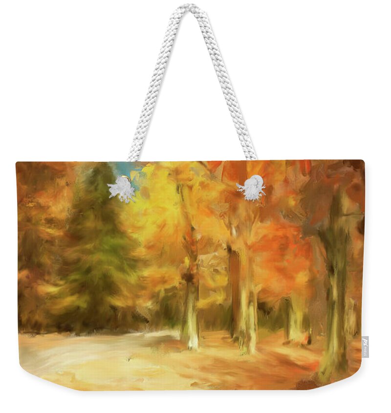 Autumn Weekender Tote Bag featuring the digital art The Road Home by Lois Bryan