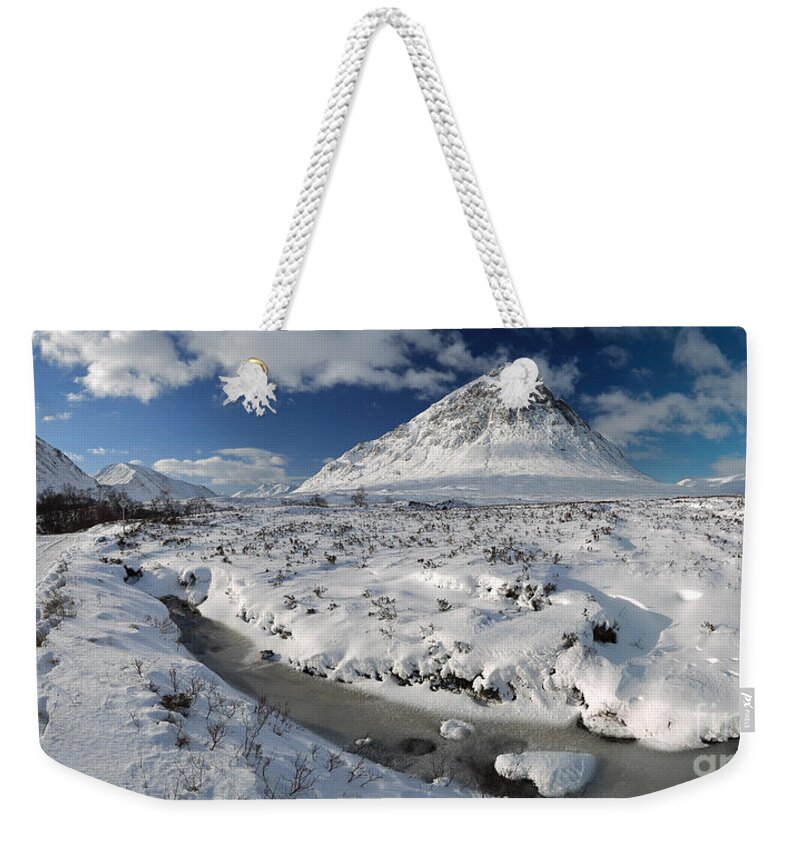 Buachaille Etive Mor Weekender Tote Bag featuring the photograph The road to Glen Etive in Winter - Panorama by Maria Gaellman