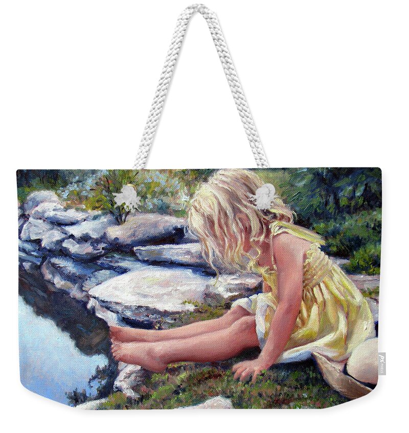 Yellow Dress Weekender Tote Bag featuring the painting The Rock Pool by Marie Witte
