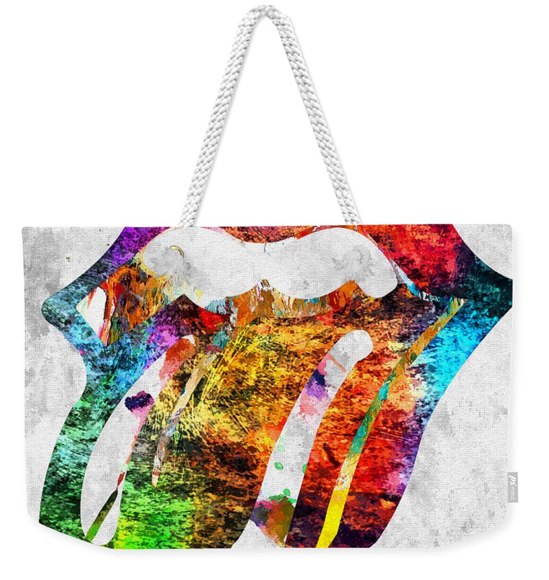 The Rolling Stones Logo Grunge Weekender Tote Bag featuring the mixed media The Rolling Stones Logo Grunge by Daniel Janda