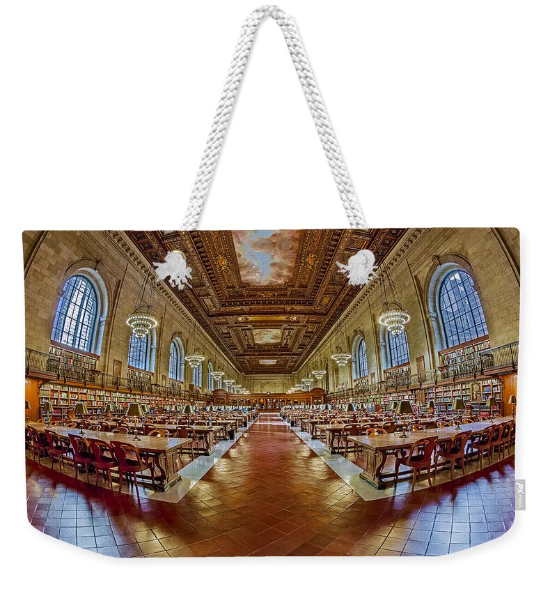 New York Public Library Weekender Tote Bag featuring the photograph The Rose Main Reading Room NYPL by Susan Candelario