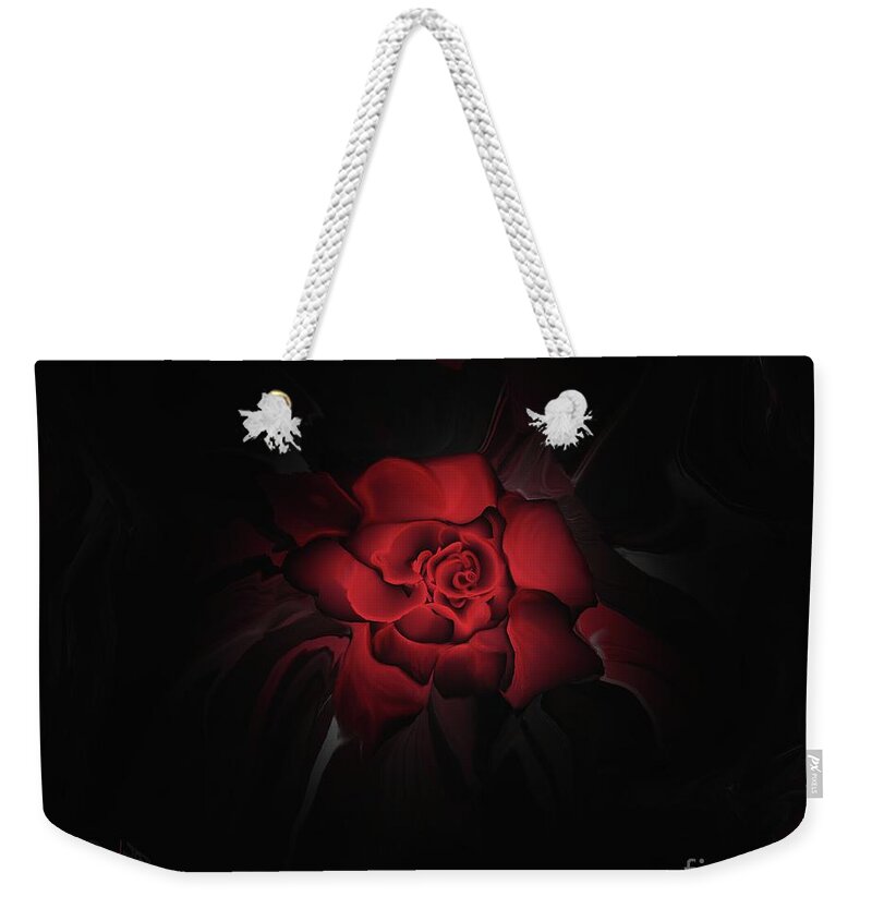 Rose Weekender Tote Bag featuring the painting The Rose Out of Darkness by Roxy Riou