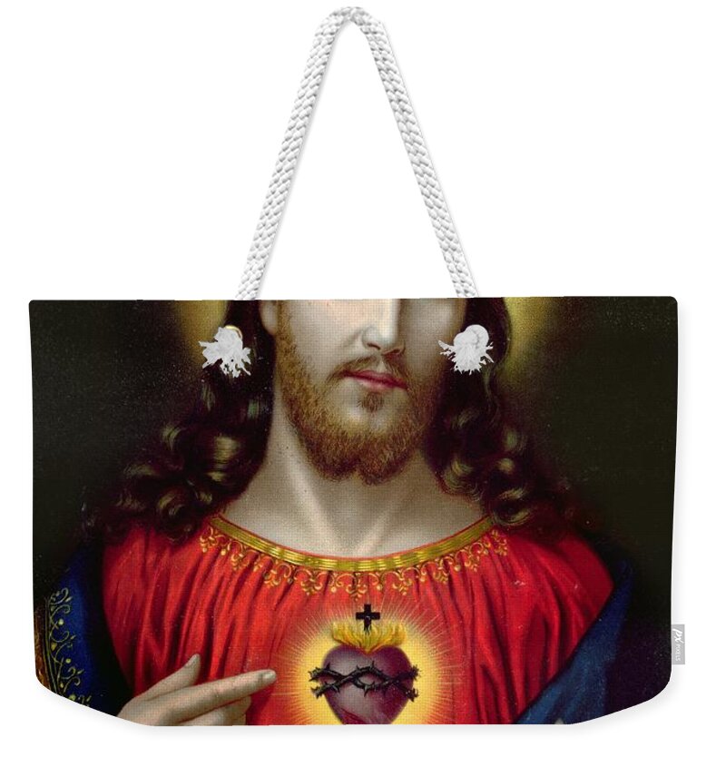 Jesus Weekender Tote Bag featuring the painting The Sacred Heart of Jesus by English School
