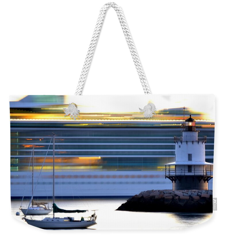 Lighthouse Weekender Tote Bag featuring the photograph The Sailboats and the Cruise Ship by Colleen Phaedra