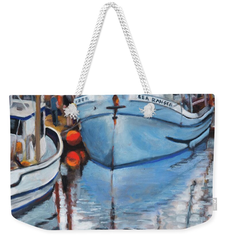 Fishing Weekender Tote Bag featuring the painting The Sea Ranger at Newport by Mike Bergen