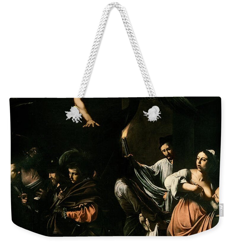 Breast Feeding Weekender Tote Bag featuring the painting The Seven Works of Mercy by Caravaggio