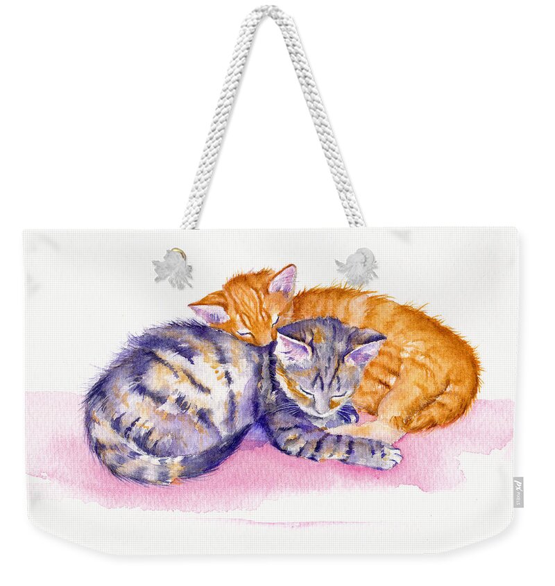 Kittens Weekender Tote Bag featuring the painting The Sleepy Kittens by Debra Hall
