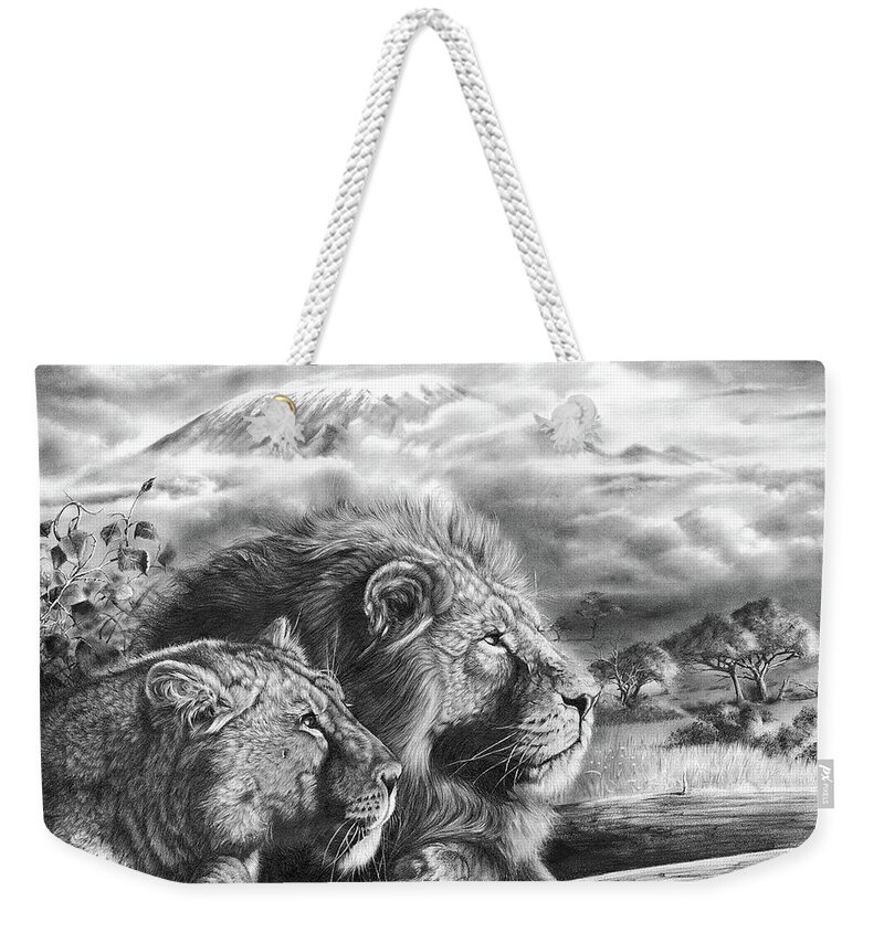 Lion Weekender Tote Bag featuring the drawing The Snows Of Kilimanjaro by Peter Williams