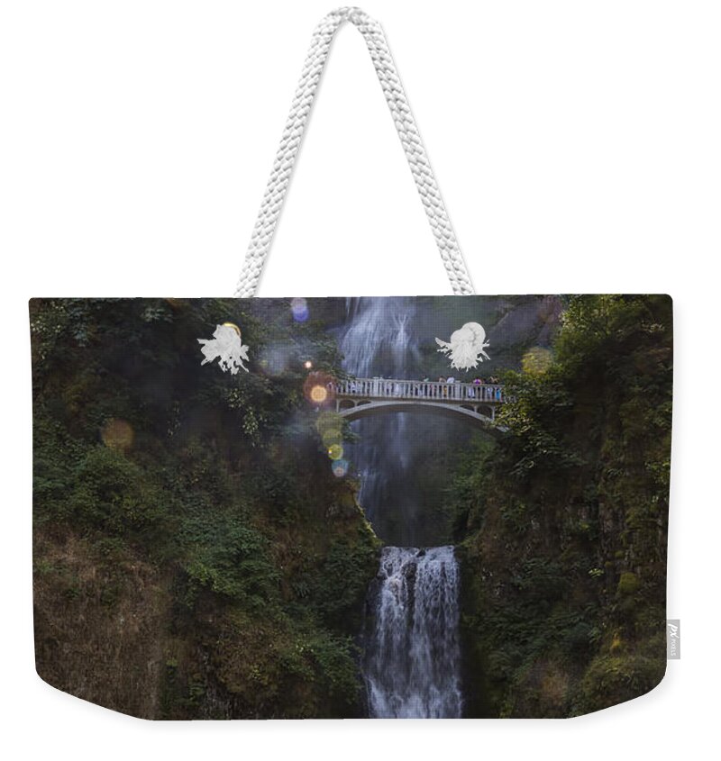 The Sparkles Of Multnomah Falls In Oregon Weekender Tote Bag featuring the photograph The Sparkles of Multnomah Falls in Oregon by Angela Stanton