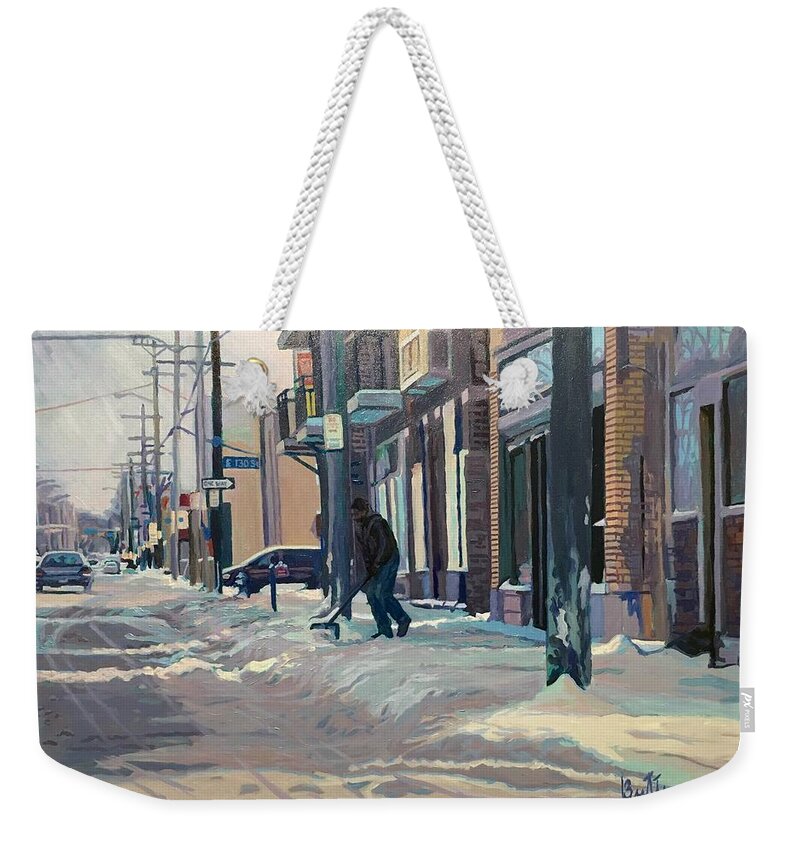 A Trip In The Inner City Weekender Tote Bag featuring the painting The Sun and The Snow by David Buttram