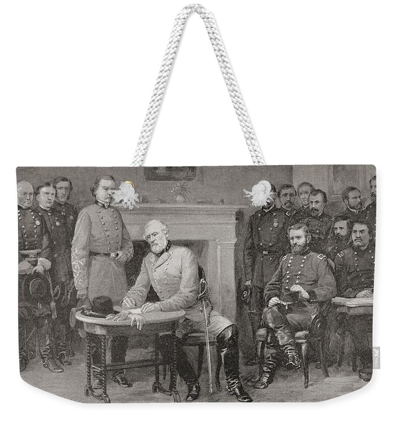 General Lee Weekender Tote Bag featuring the drawing The Surrender Of General Lee To General by Vintage Design Pics