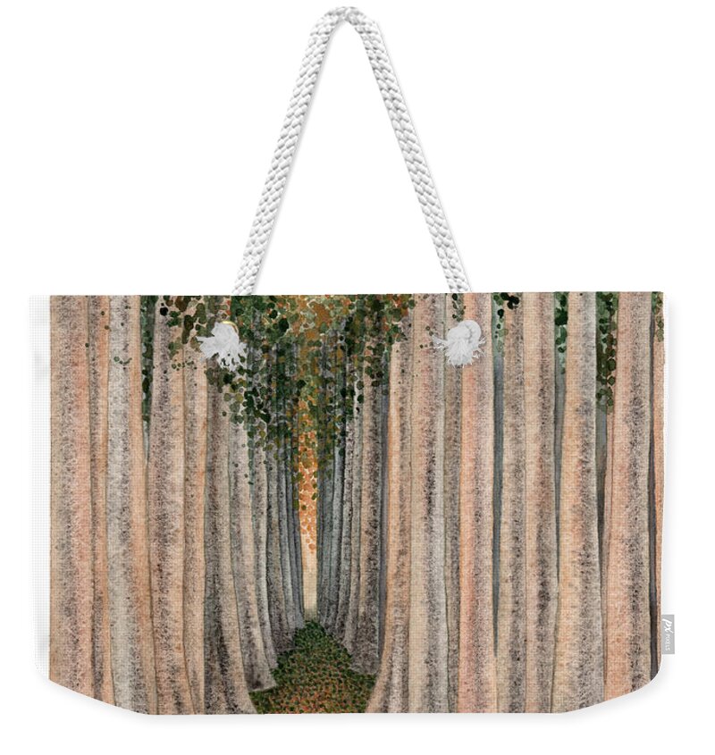 Trees Weekender Tote Bag featuring the painting The Temple by Hilda Wagner