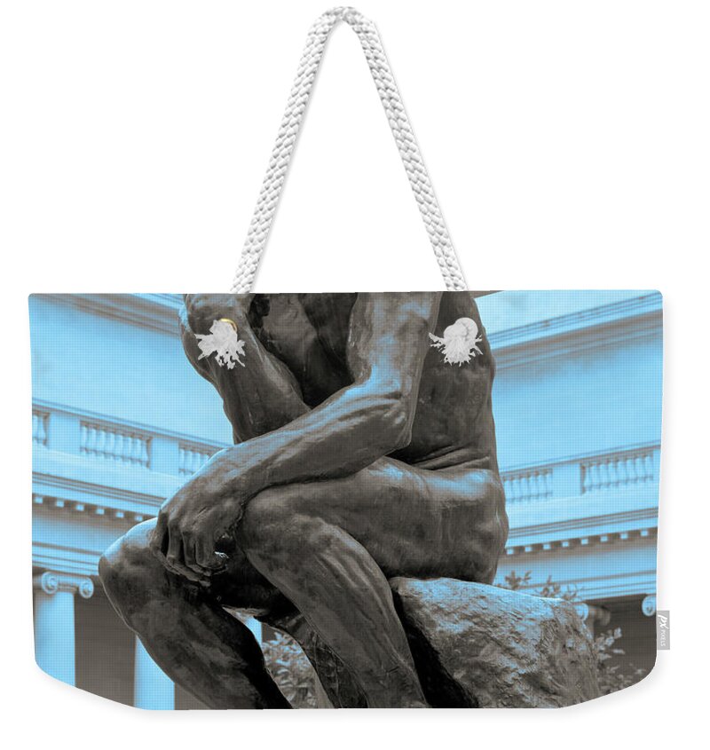 The Thinker Weekender Tote Bag featuring the photograph The Thinker Sculpture in Blue Light Auguste Rodin Legion of Honor San Francisco California 2 by Kathy Anselmo