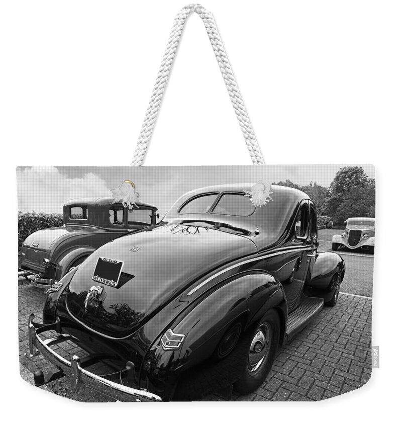 Hotrod Weekender Tote Bag featuring the photograph The Three Amigos - Hot Rods in Black and White by Gill Billington