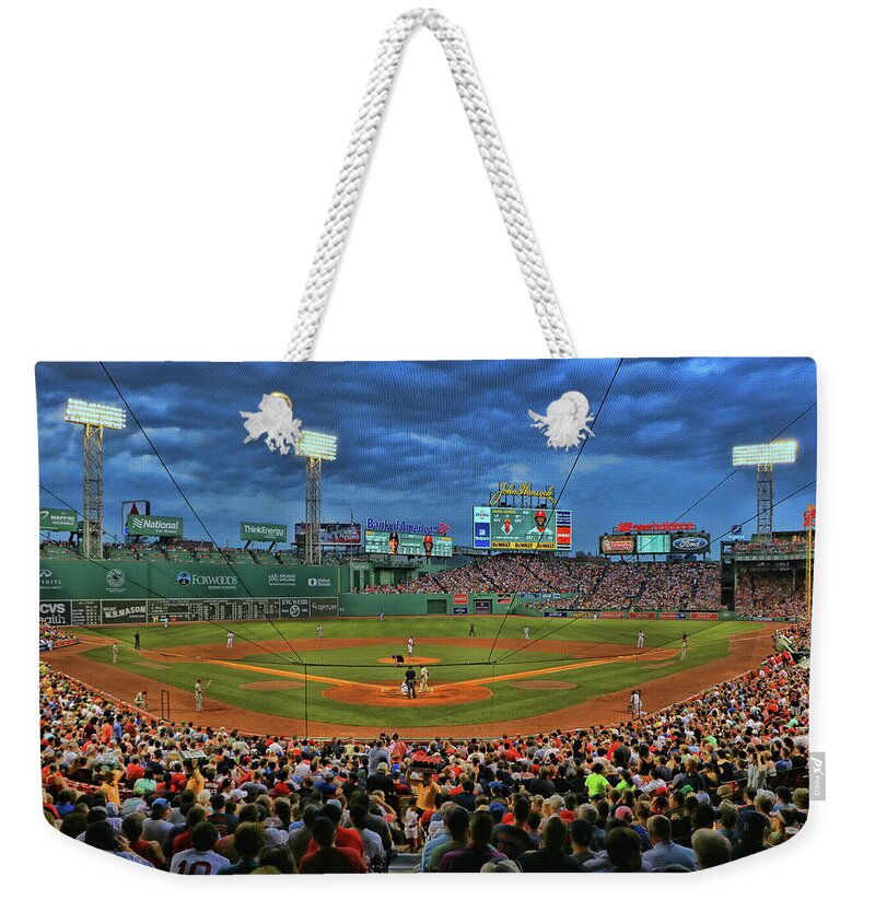Park Weekender Tote Bag featuring the photograph The View From Behind Home Plate - Fenway Park by Allen Beatty