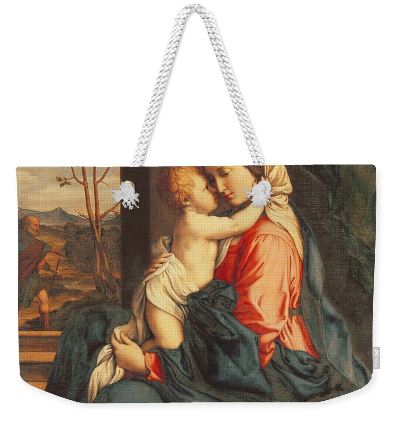 The Weekender Tote Bag featuring the painting The Virgin and Child Embracing by Giovanni Battista Salvi