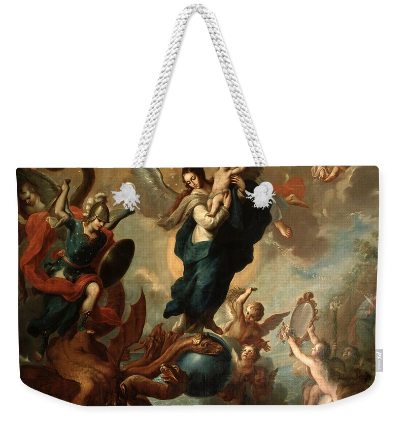 Miguel Cabrera Weekender Tote Bag featuring the painting The Virgin of the Apocalypse by Miguel Cabrera